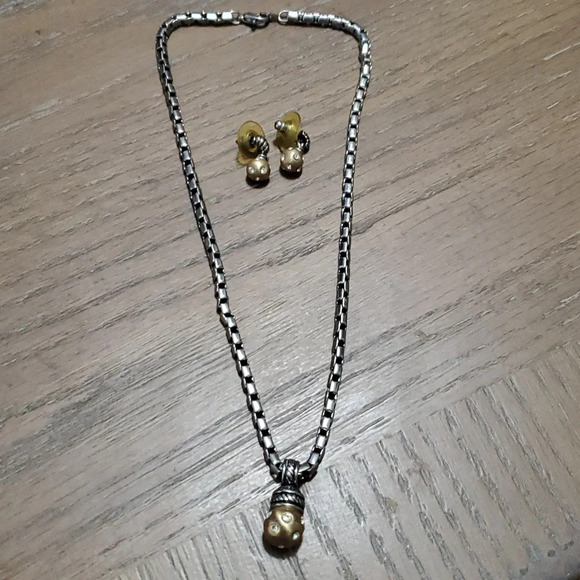 Silver hue chain with gold tone circular pendant with sparkle, earrings to match - Picture 1 of 4
